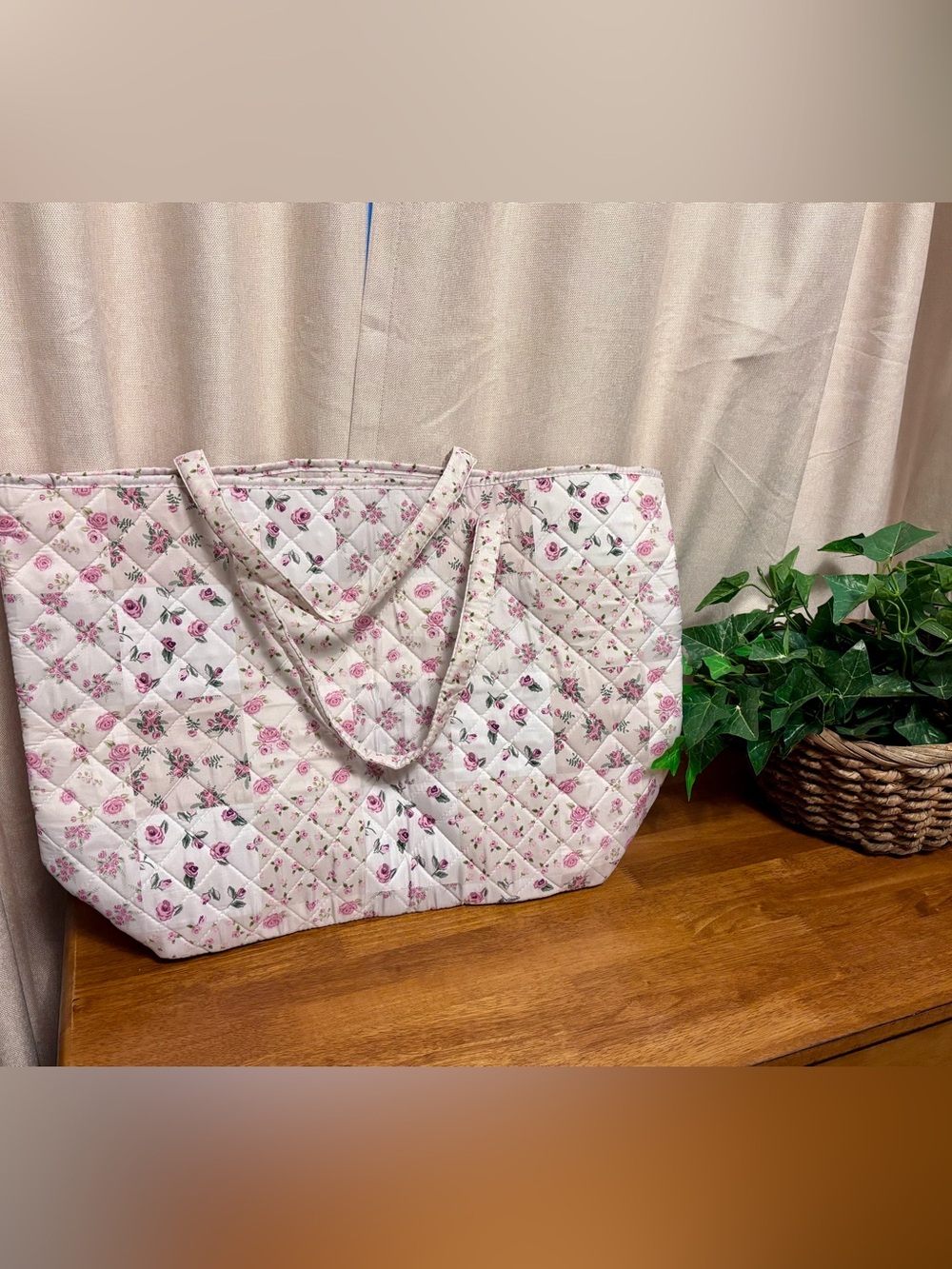 Quilted Floral Tote Bag in Pink and White